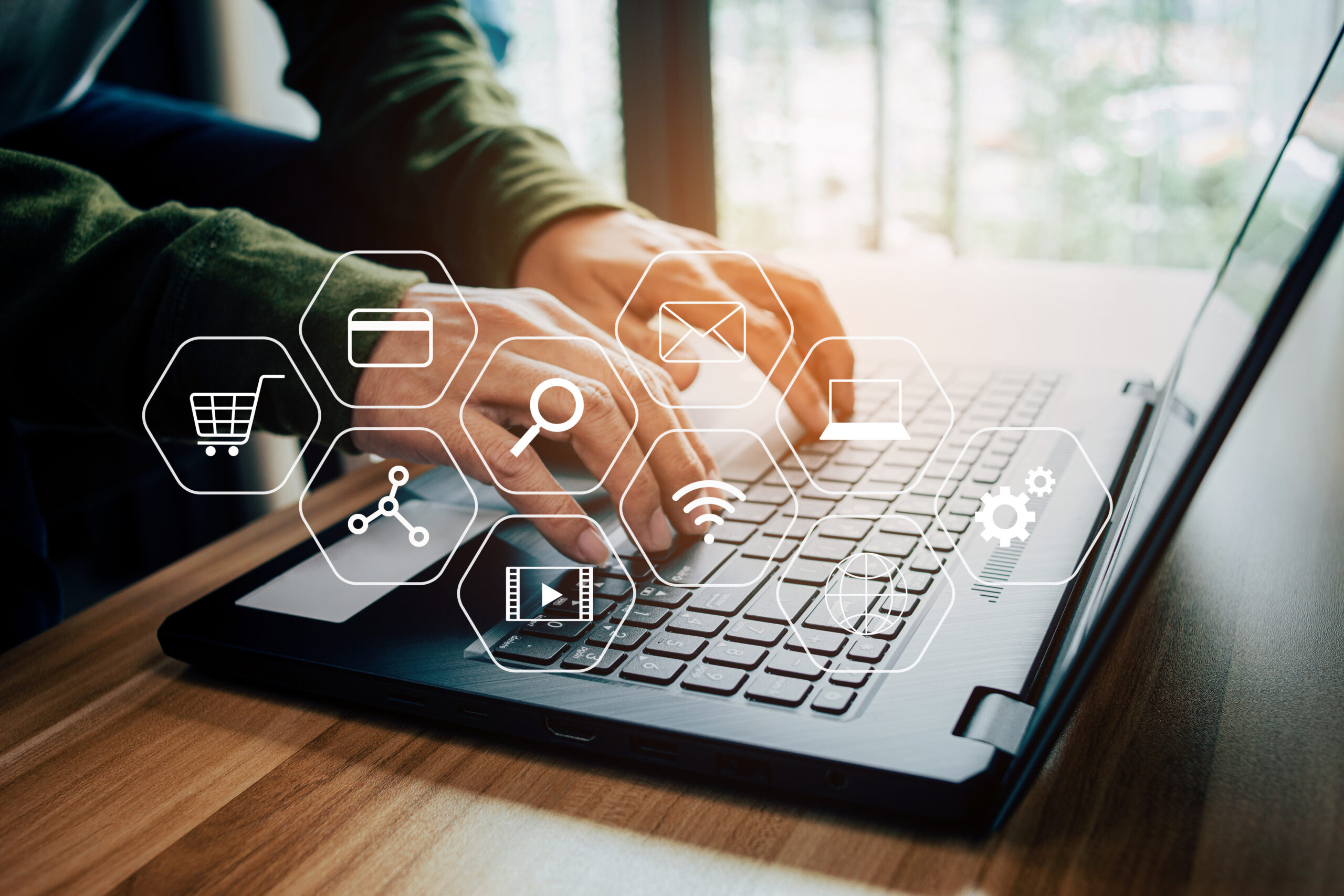 Women working remotely at office, modern interface payments online shopping and icon customer network connection.