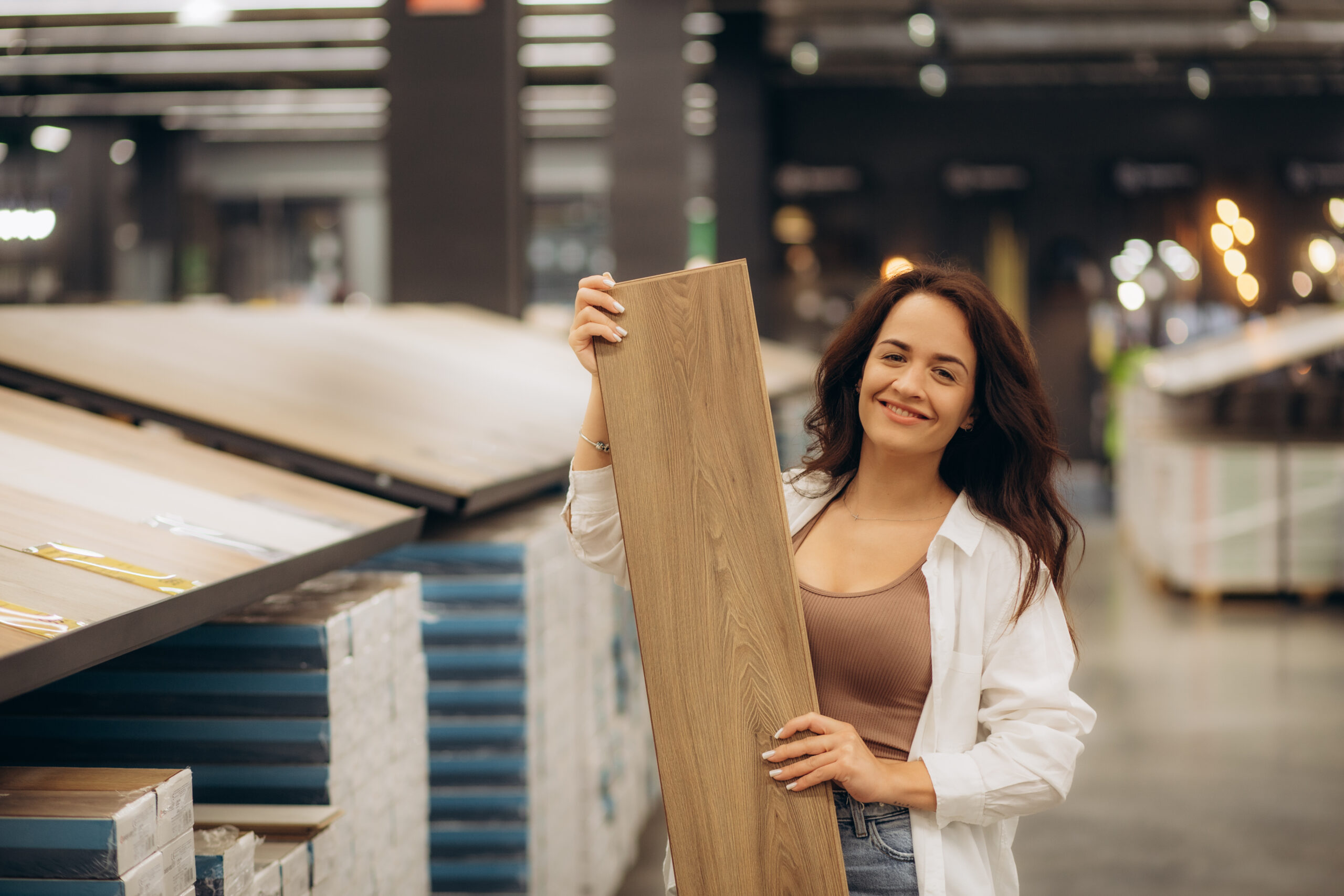 Woman chooses floorboard laminate for home renovation in store. High quality photo